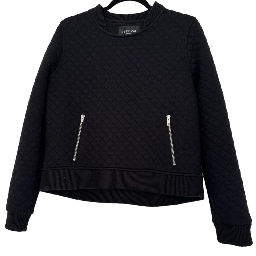 OBEY PROPAGANDA Women's Black Quilted Sweatshirt with Zip pockets Size Medium